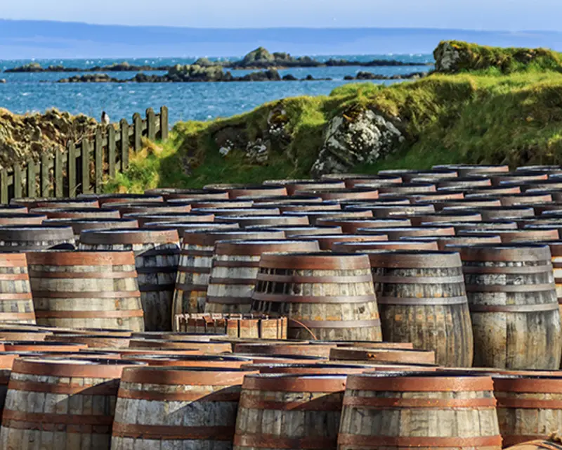 whisky barrels by the water