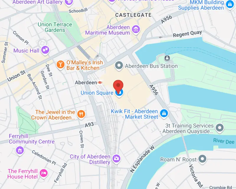 Map of Union Square in Aberdeen, showing nearby landmarks and transport links for exploring with Rabbie's Tours.