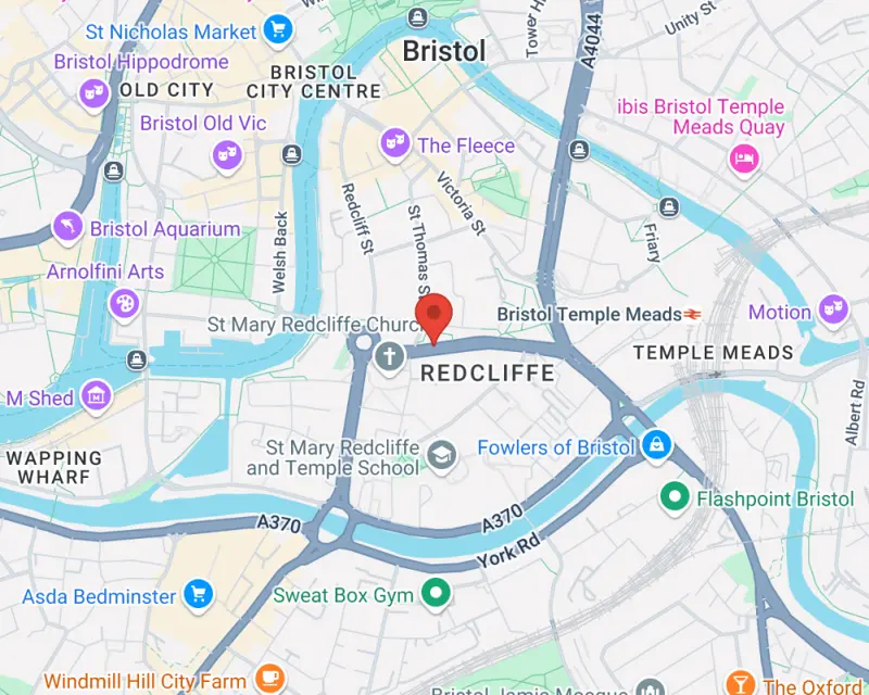 Map of Bristol highlighting key locations, including Redcliffe and Bristol Temple Meads, for small group tours offered by Rabbie's Tours.