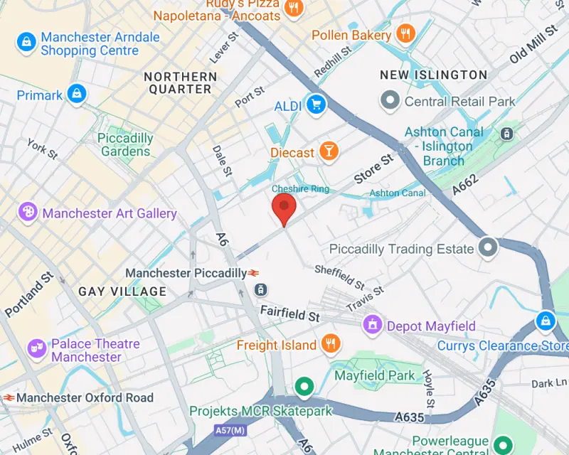 Map of Manchester highlighting key locations including Northern Quarter, Piccadilly, and Gay Village for Rabbie's Tours.