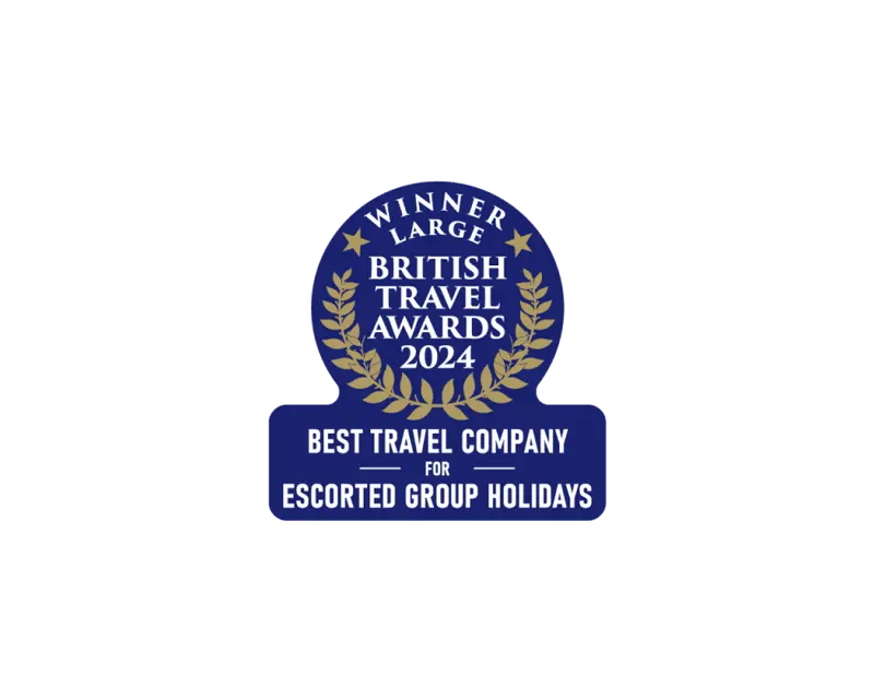 Award badge for Rabbie's Tours, named Best Travel Company for Escorted Group Holidays at the British Travel Awards 2024.