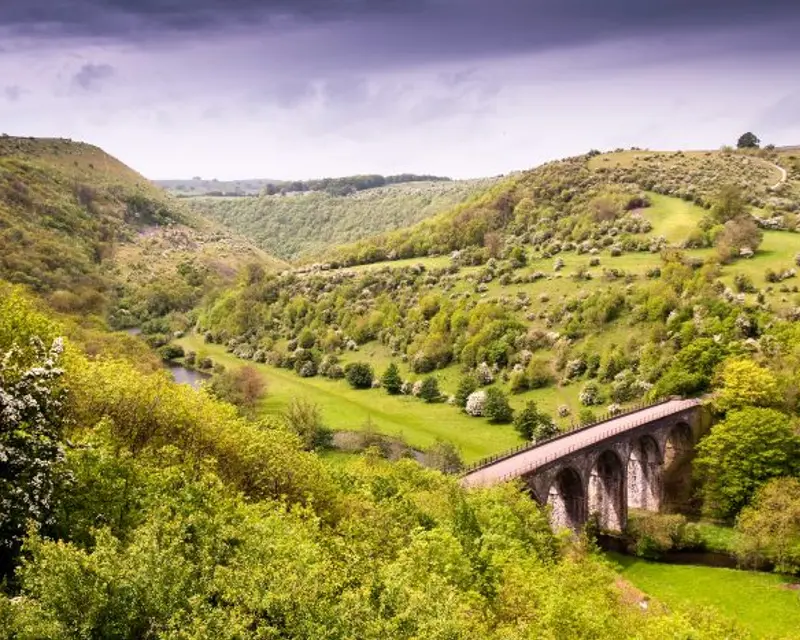 A scenic view of lush green hills and a historic viaduct spanning a valley under a cloudy sky.