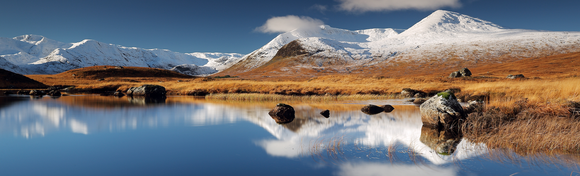 Snow peaked mountains reflected in the still water of a Scottish loch